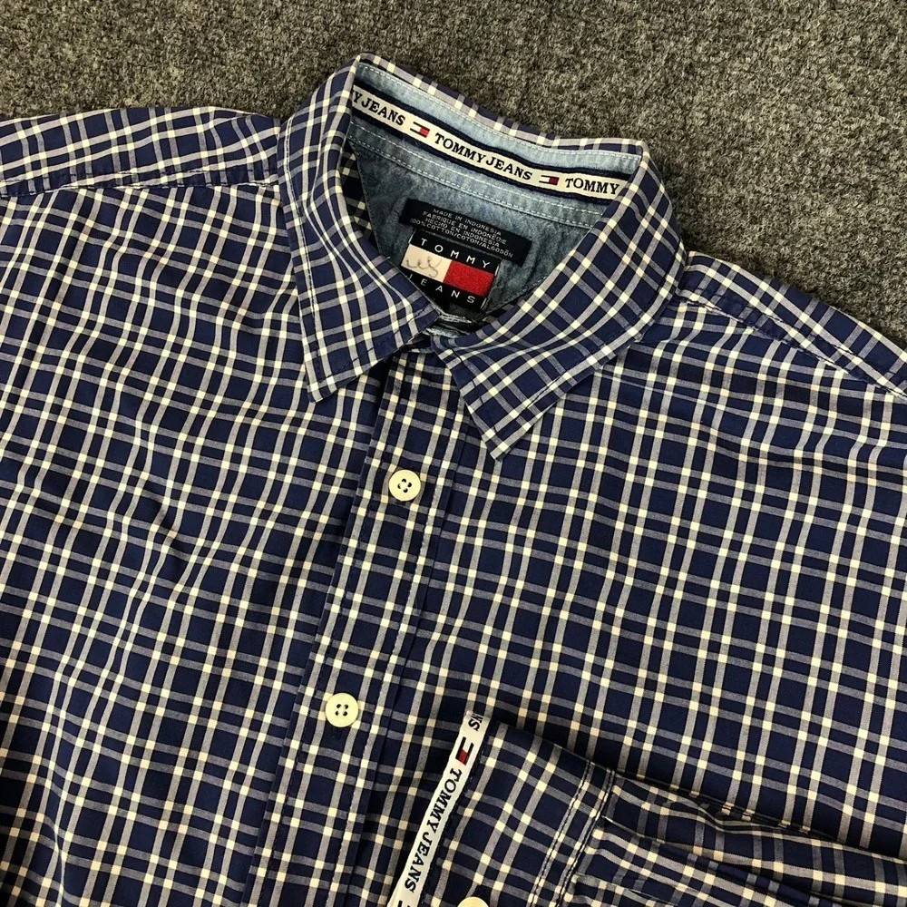 Tommy Jeans Mens Button Down Shirt Long‎ Sleeve Plaid Blue White Size L